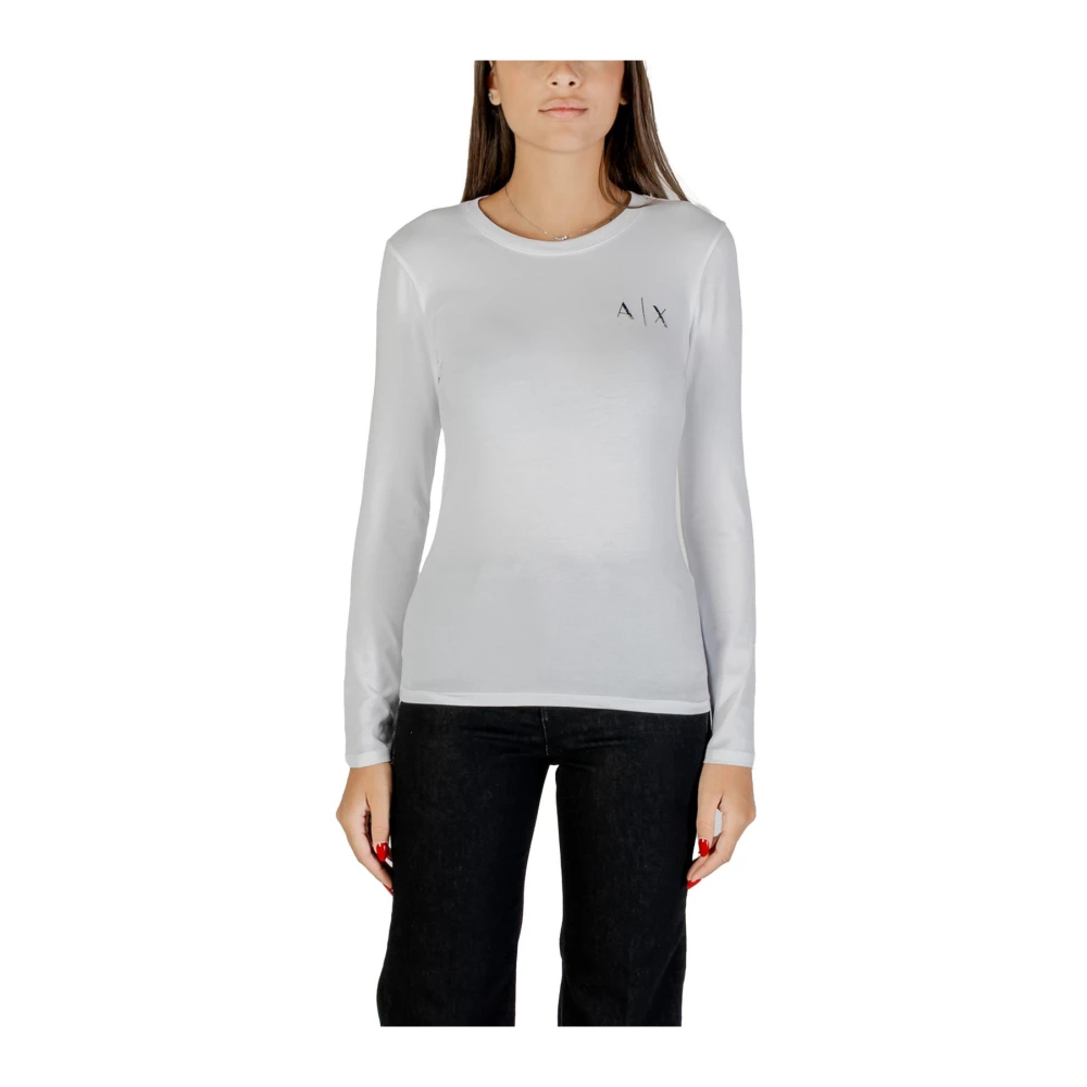 Armani Exchange Women's White Long Sleeve T-Shirts, Xs, Rhinestone Long Sleeve Round Neck T-Shirt