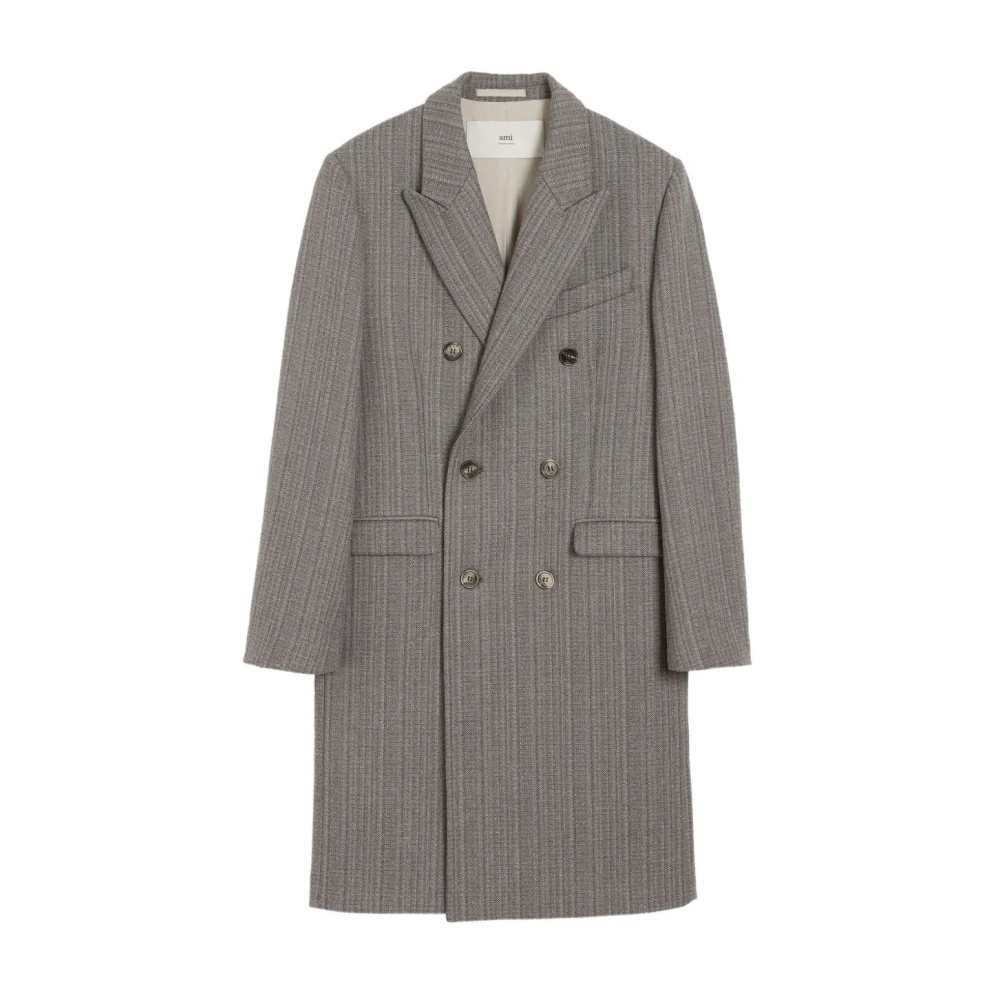 Ami Paris Men's Grey Herringbone Double-Breasted Coat