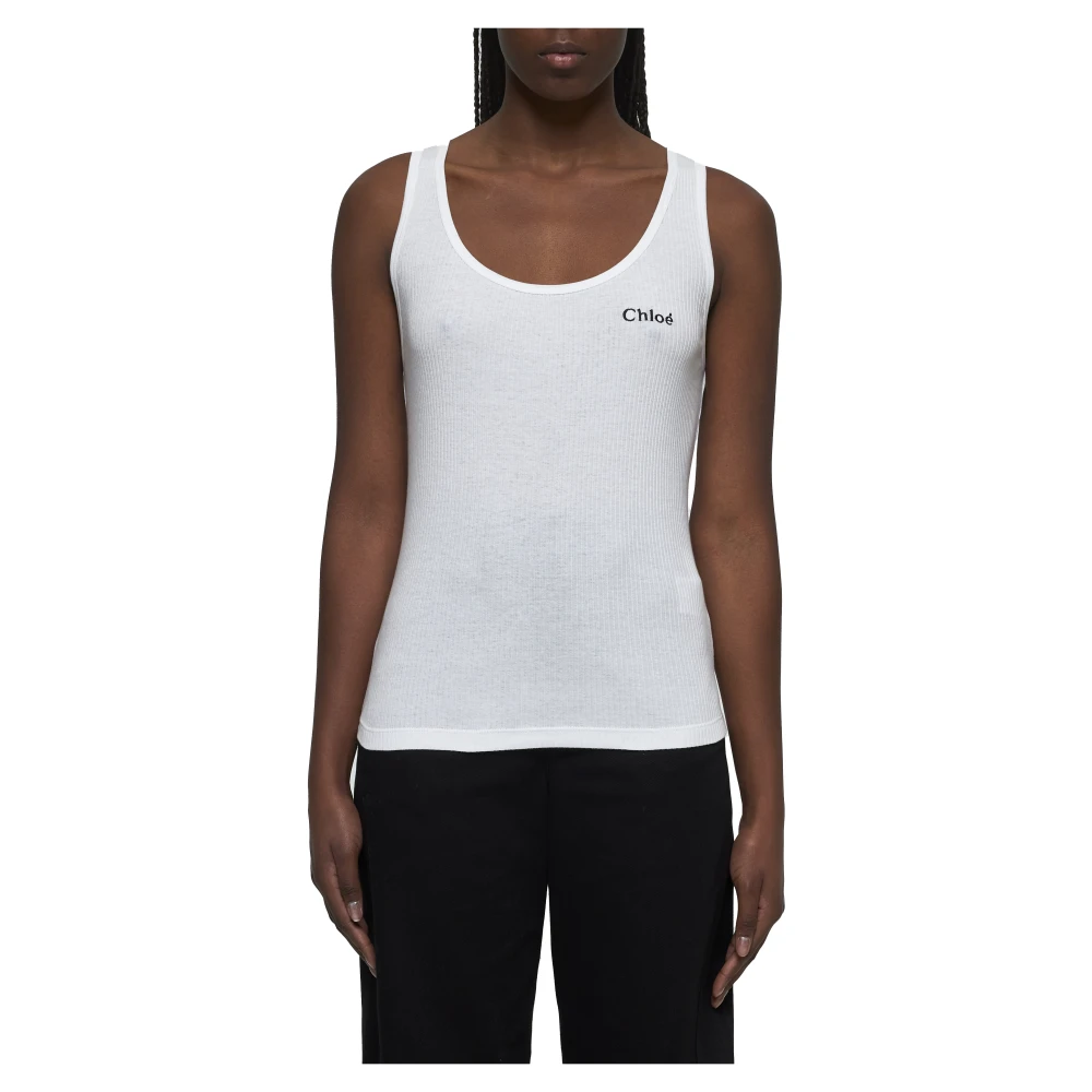 Chloé Geborduurd Logo Geribbelde Gebreide Tanktop White Dames