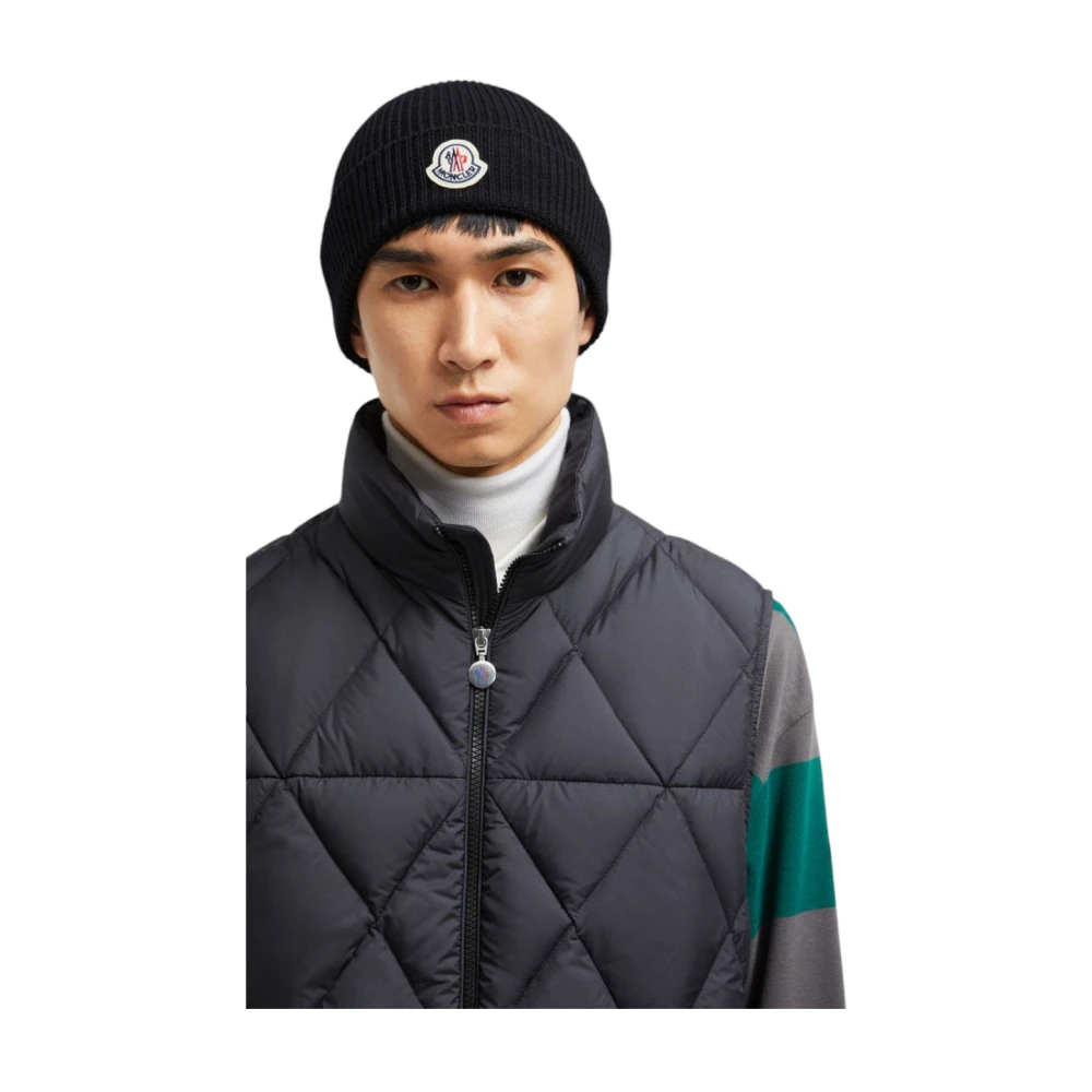 Moncler Zwarte Wol Ribgebreide Muts Black Heren