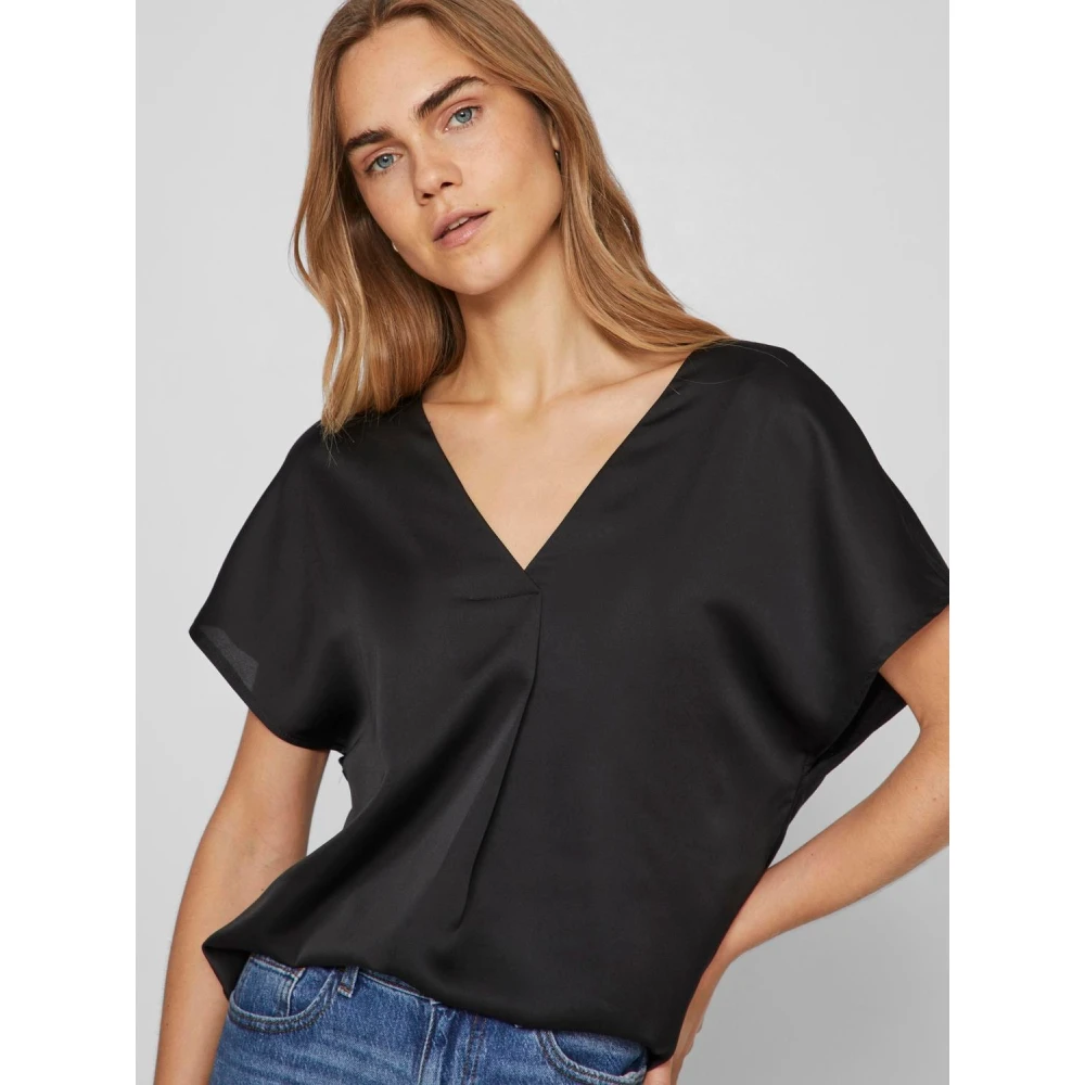 Vila Satin V-Hals Korte Mouw T-Shirt Black Dames