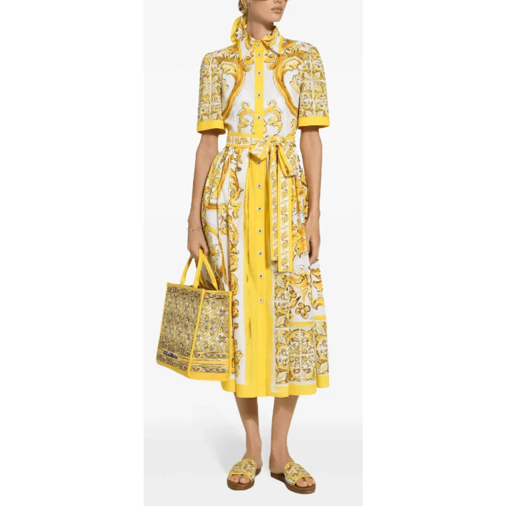 Dolce & Gabbana Majolica Print Katoenen Overhemdjurk Yellow Dames