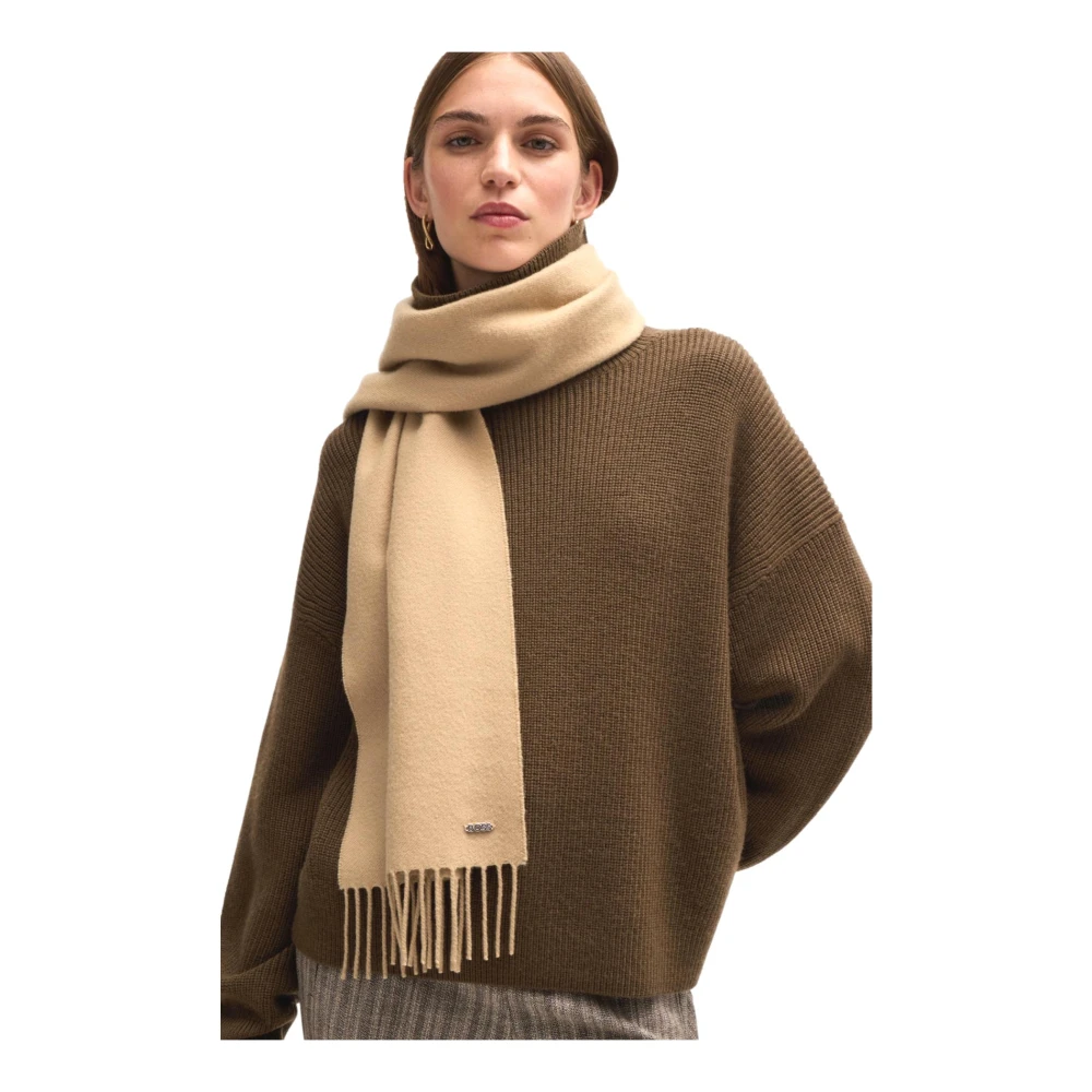 Hugo Boss Elegante Twill Wollen Sjaal met Franjes Beige Dames
