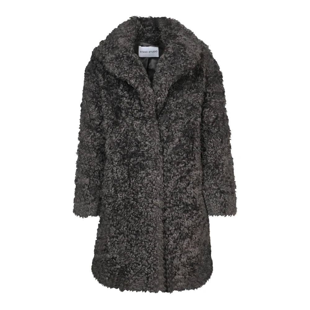 Stand Studio Faux Fur Coat Gekrulde Afwerking Gray Dames