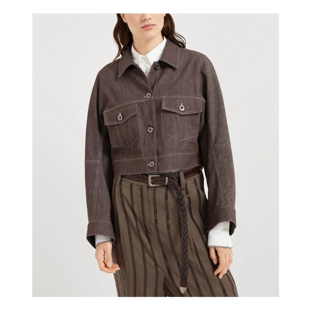 BRUNELLO CUCINELLI Denim-effect twill buitenkleding jas met monili Brown Dames