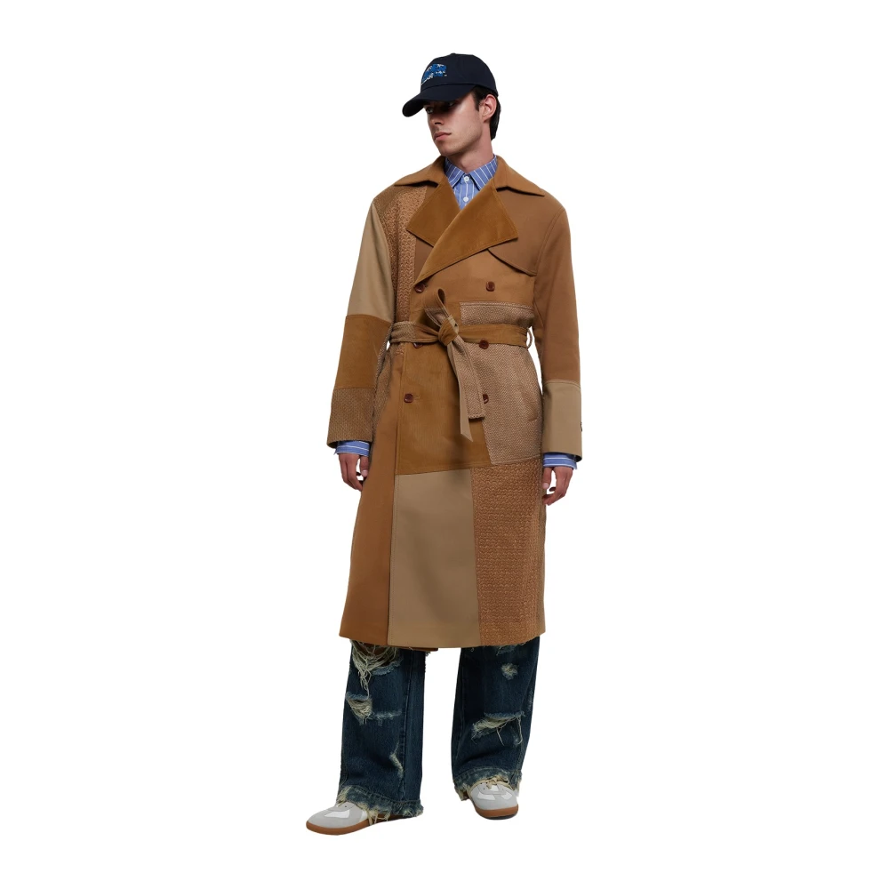 Ader Error Dubbelbreasted wollen jas met riem en kleurblokdecoratie Beige Heren