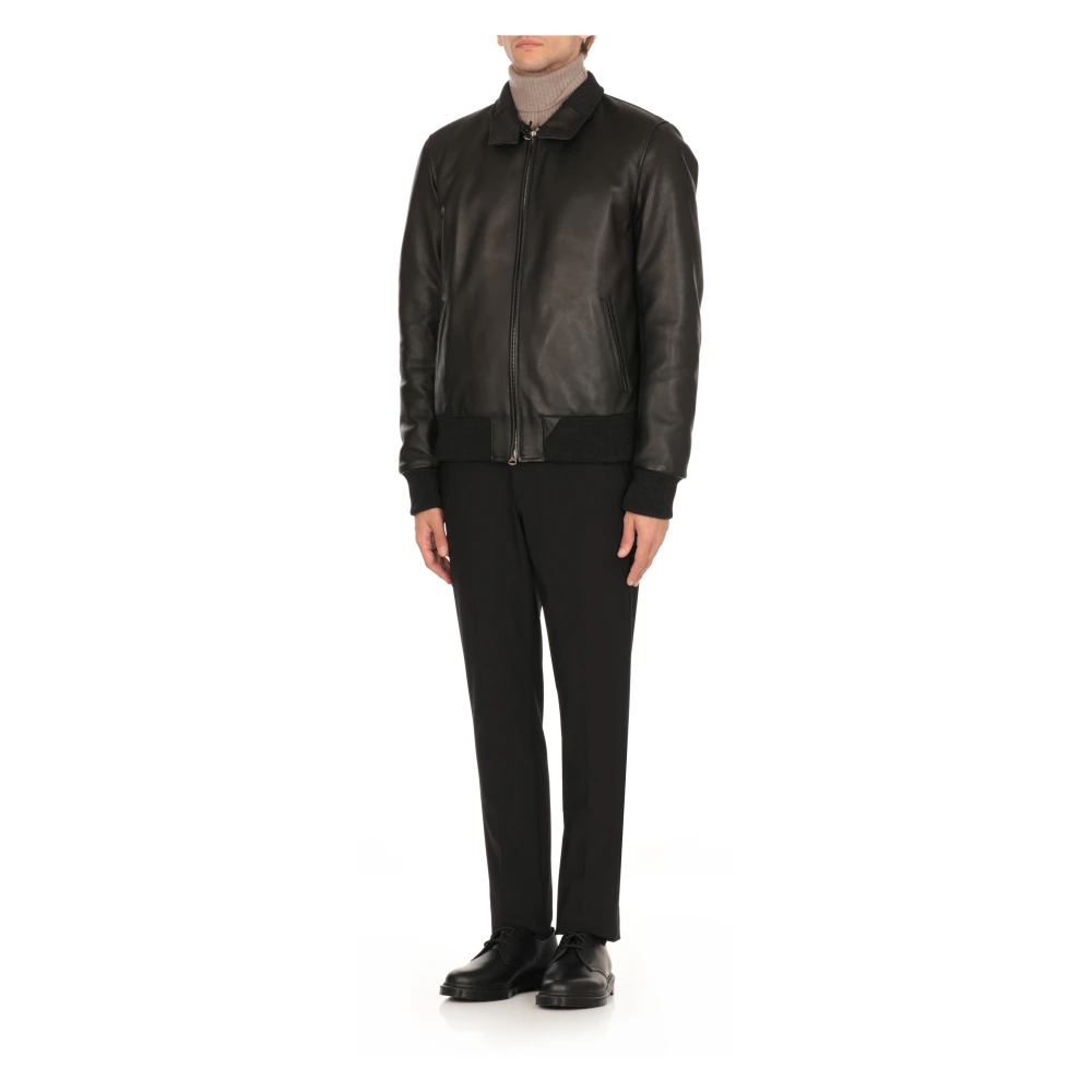 Stewart Zwarte Leren Jas Hoge Hals Rits Black Heren
