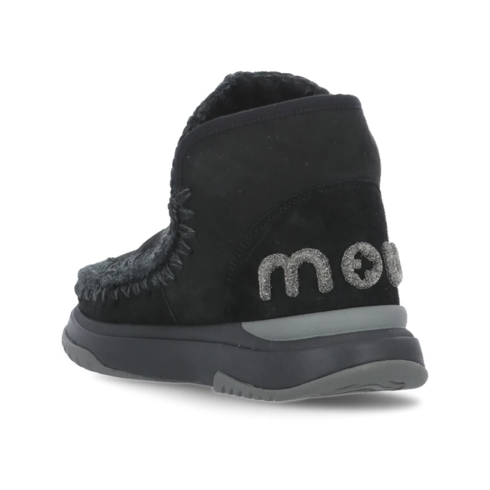 Mou Zwarte Leren Sneaker met Wol Stiksels Black Dames