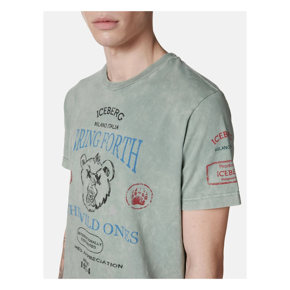 Iceberg Regular-fit mintkleurig T-shirt in willekeurig gewassen katoen met maxi Bear print Green Heren