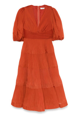 robe-midi-rouge-plissee-avec-col-en-v