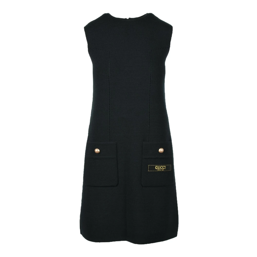 Gucci Wollen Mini Jurk met Logo Patch Black Dames
