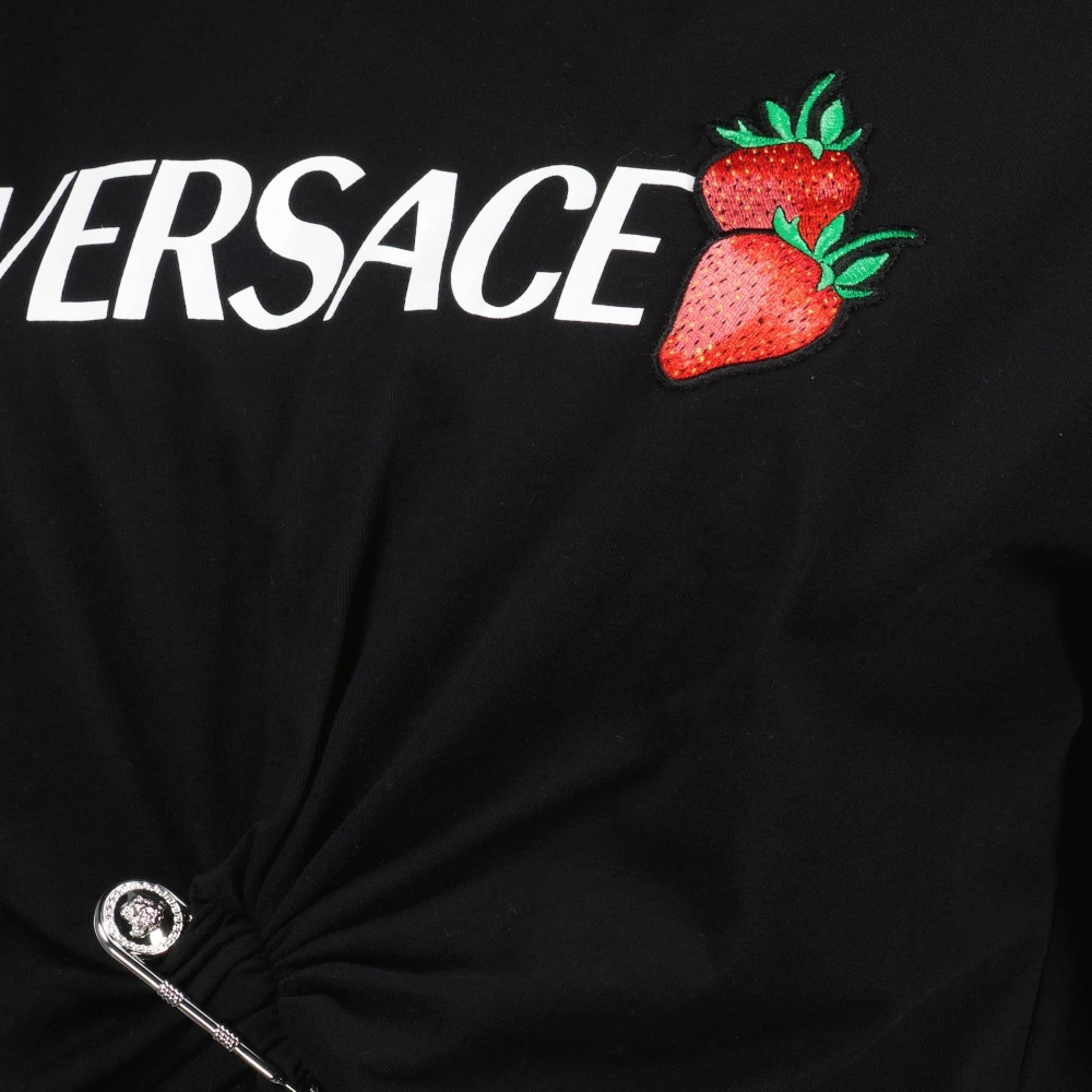 Versace Moderne aardbeienprint crop top Black Dames