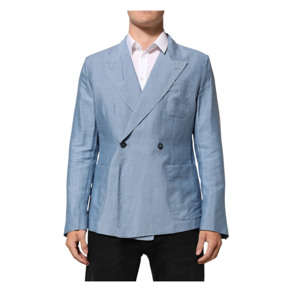 Dolce & Gabbana Light Blue Linen Double Breasted Men Jacket Blazer - IT52 | L - Image 2