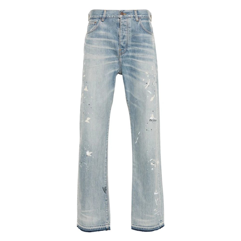 Blå Distressed Maling Sprut Jeans