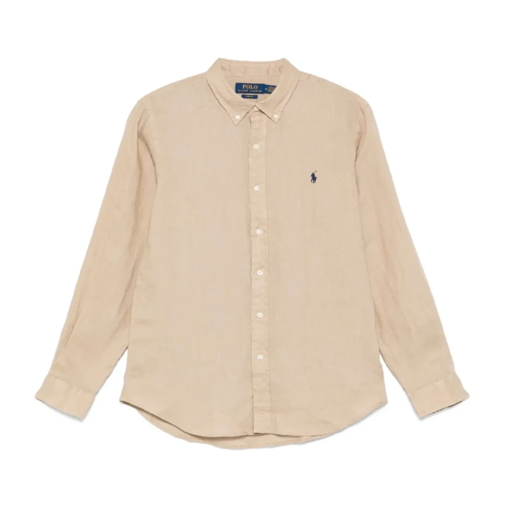 Polo Ralph Lauren Uomo Beige Camicia Sportiva In Lino A Maniche Lunghe