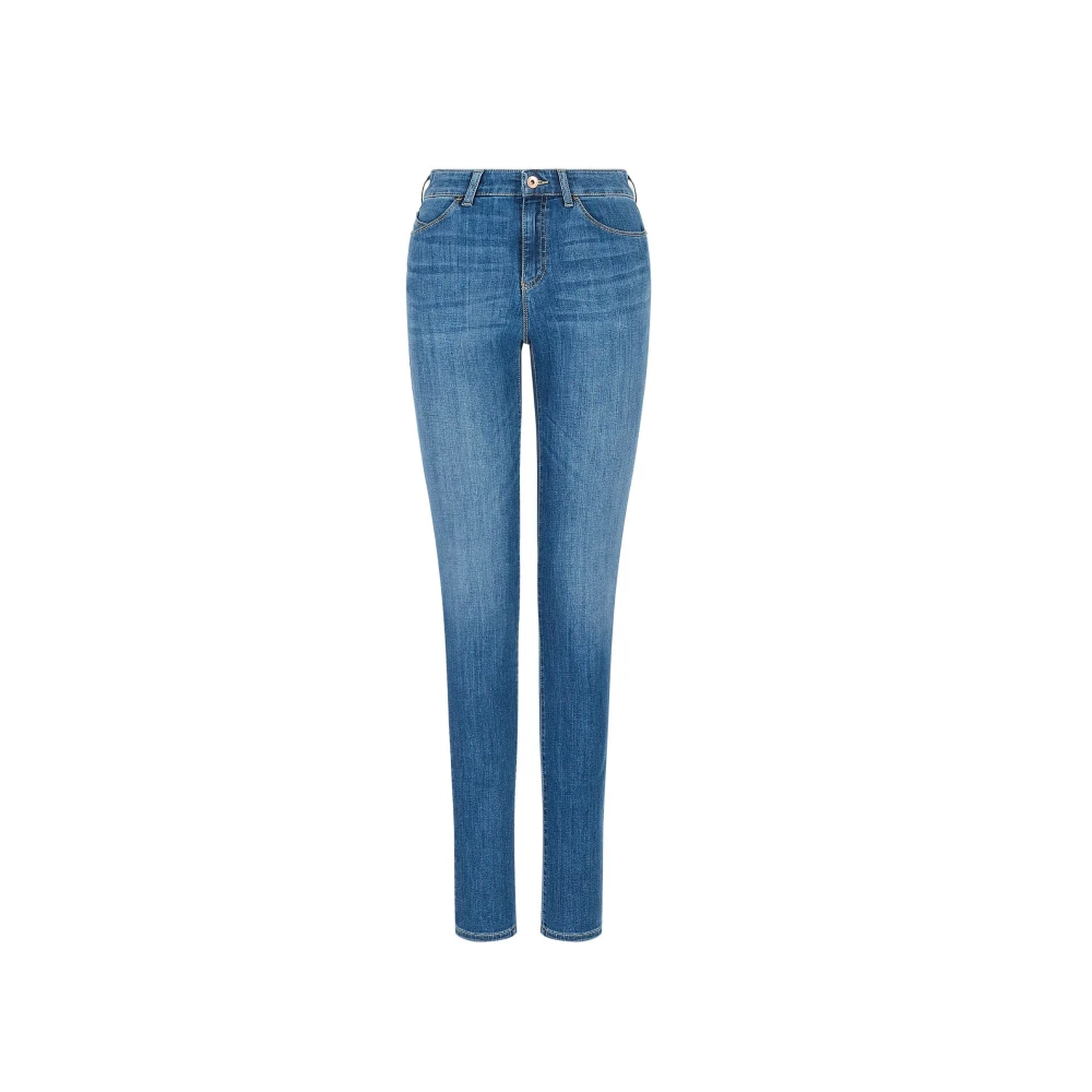 Emporio Armani Slim-Fit Högmidjade Jeans för Kvinnor med Logotyp Blue, Dam