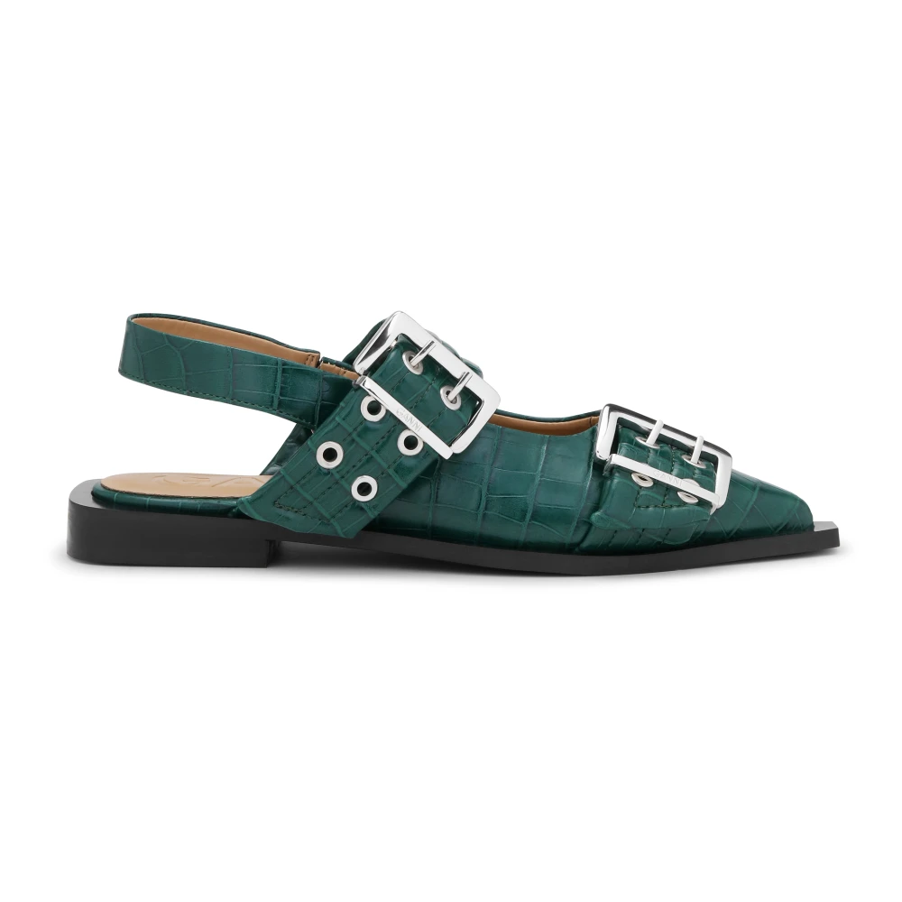 Ganni Women's Green Feminine Buckle Ballerina Croco Shoes