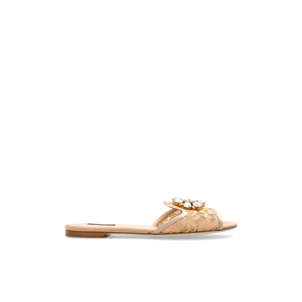 Dolce & Gabbana Women's Beige Crystal Lace Flat Sandals - Sliders - 4 Uk - Shoes
