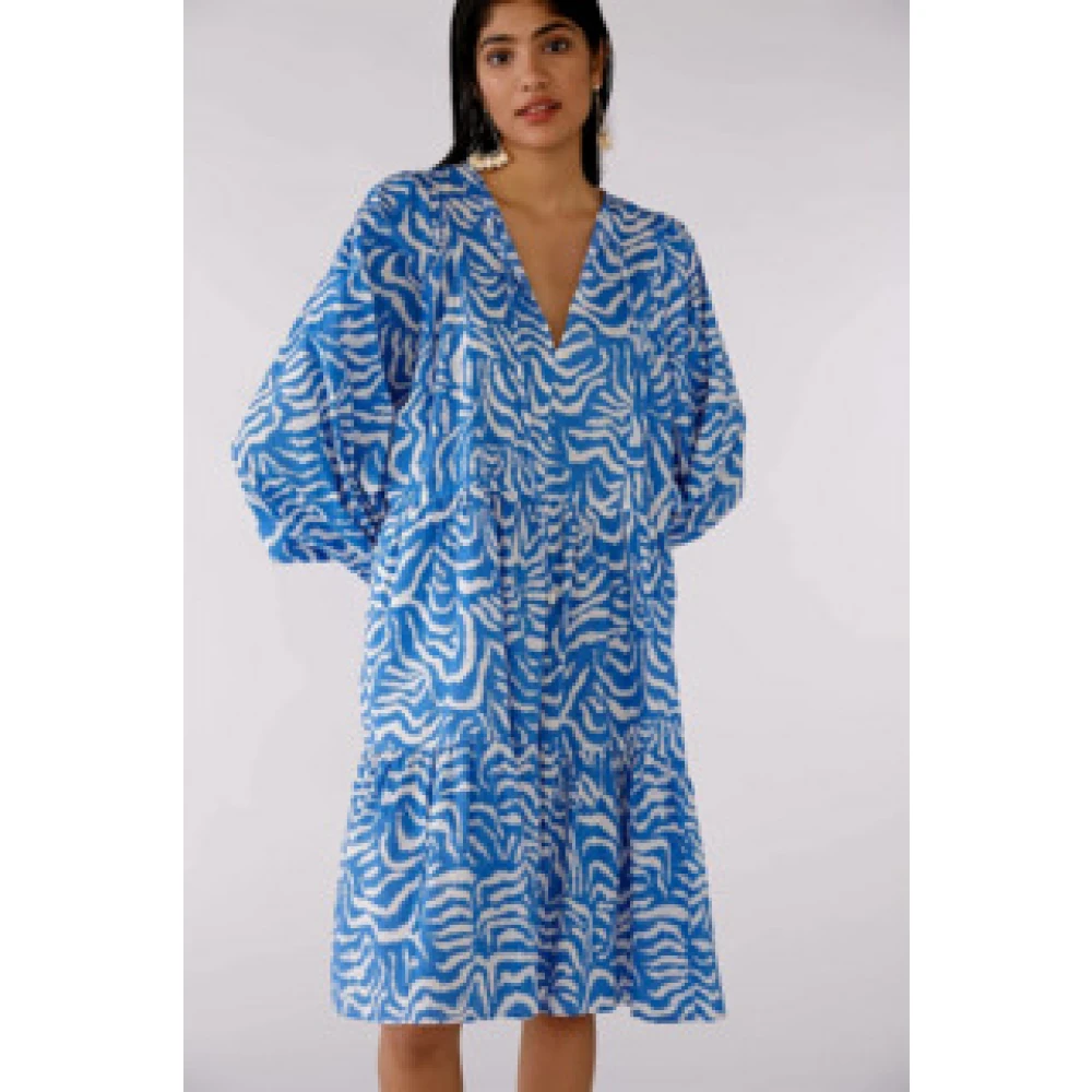 Oui Casual Golfpatroon Jurk Alloverprint Blue Dames
