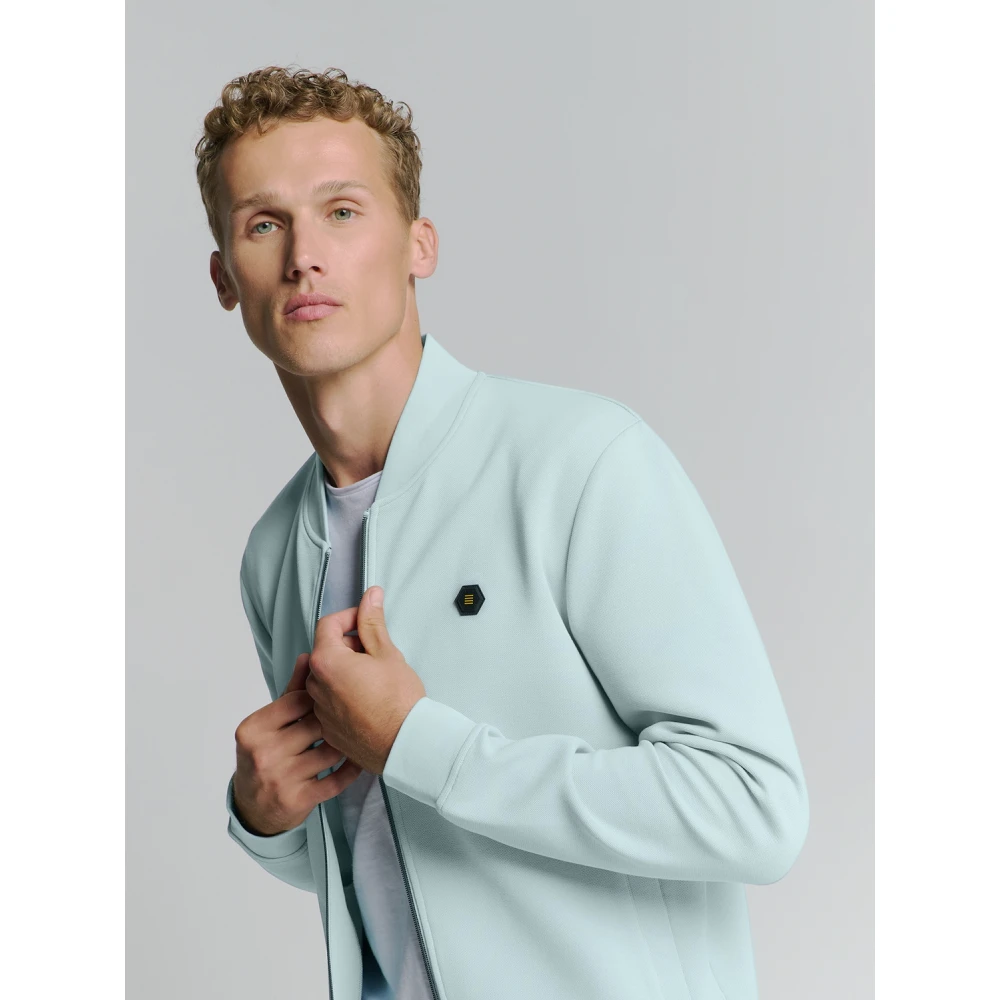 No Excess Pique Bomber Full Zip Sweater Blue Heren