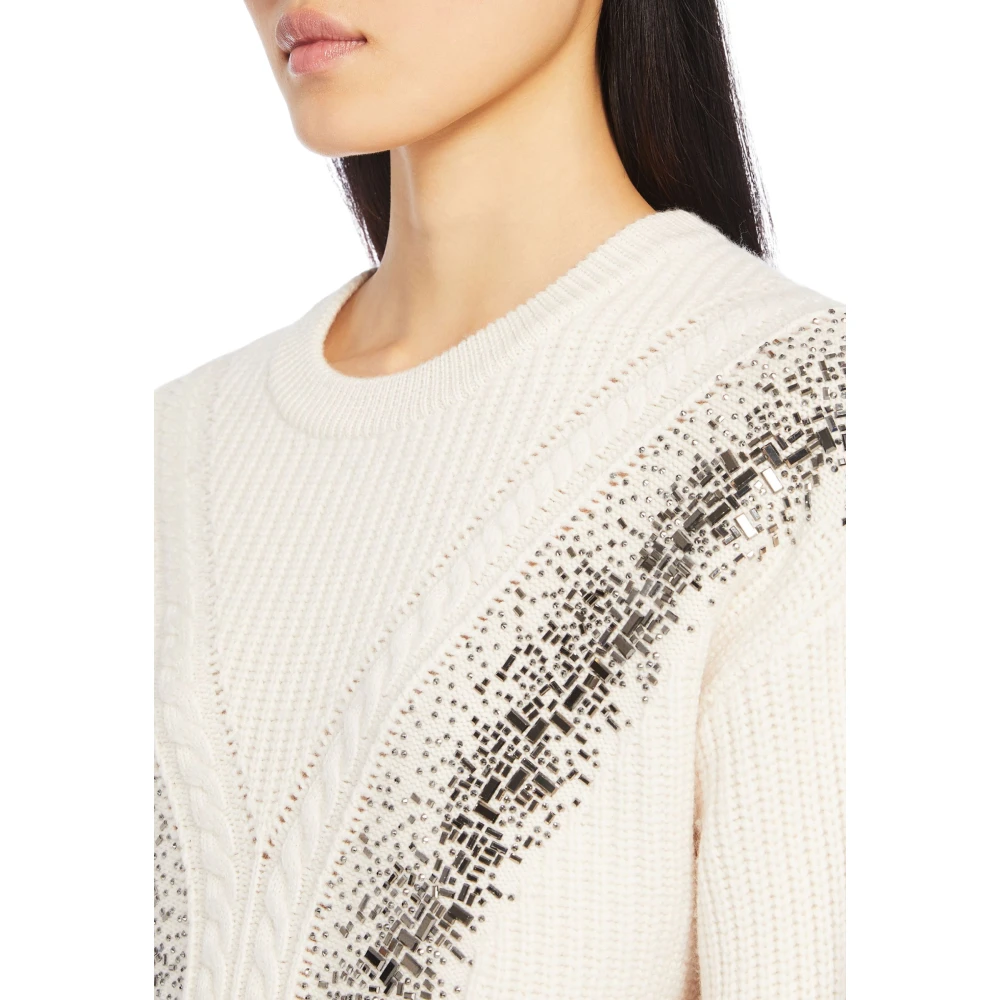 Max Mara Studio Beige Wol Cropped Sweater met Spiegelborduurwerk Beige Dames