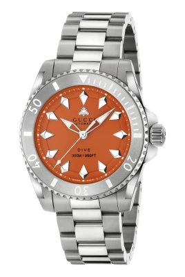 40 mm stålkapsel, orange urtavla med bi, stål ram, stål armband