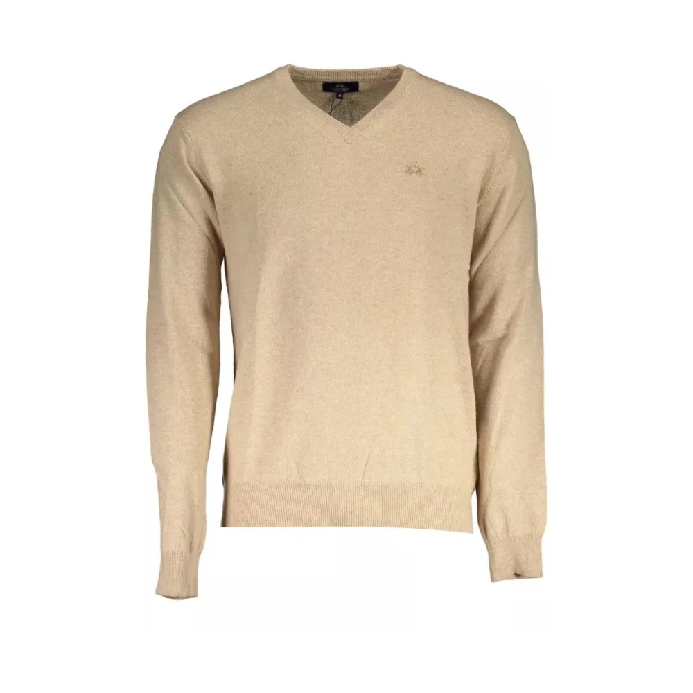 La Martina Men's Beige V-Neck Knitwear,, Elegant V-Neck Wool Blend Jumper 2XL
