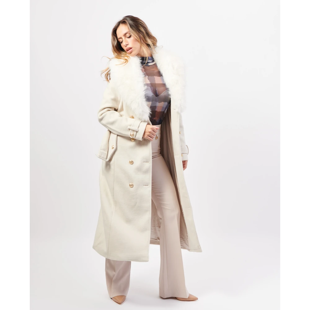 Fracomina Lange Reguliere Double-Breasted Jas met Riem Beige Dames
