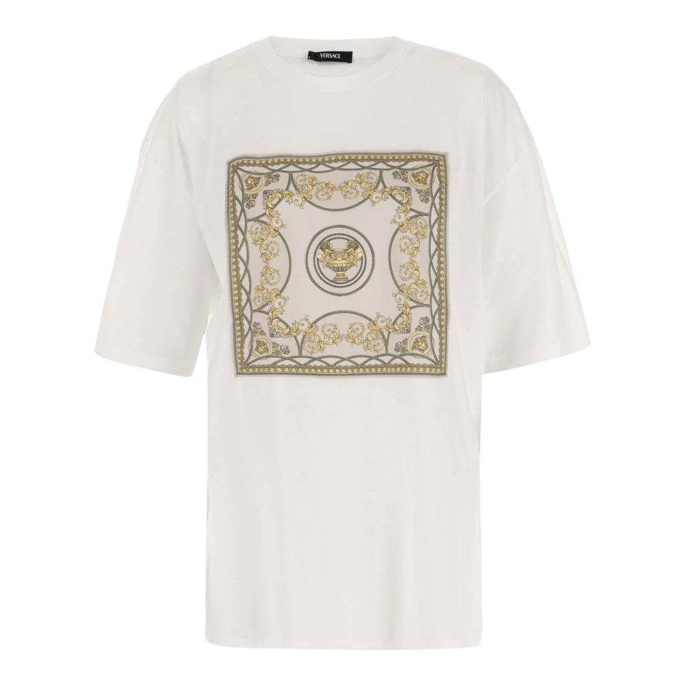 Versace Bomull T-shirt med Scarf-stil Applikation White, Dam