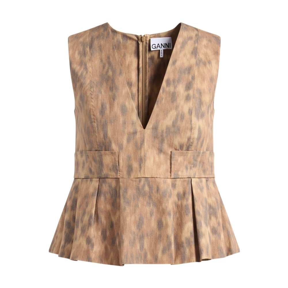 Ganni - Top De Algodón Estampado - Tops - Mujer - Marrón - M
