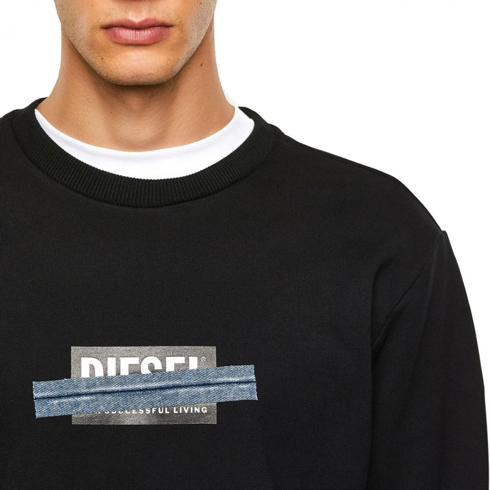 Diesel Logo Print Geribbelde Katoenen Sweatshirt Black Heren