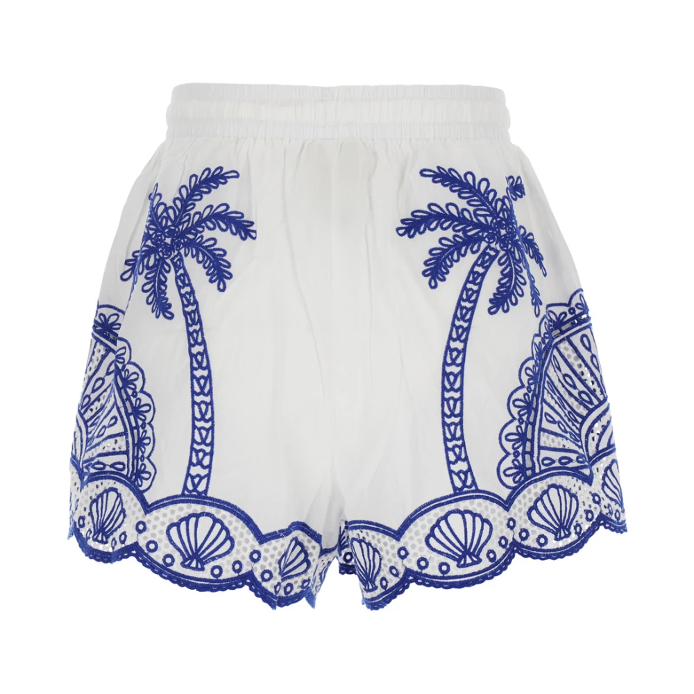 Farm Rio Blauwe Shorts met Elastische Taille en Palm Borduurwerk White Dames