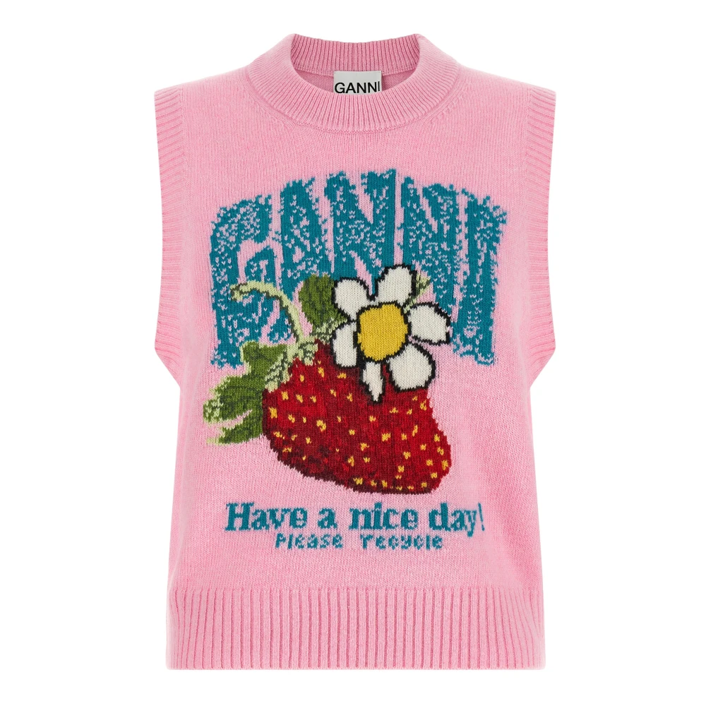 Ganni Round-Neck Knitwear, Female, 2XS, Strawberry Vest Pink
