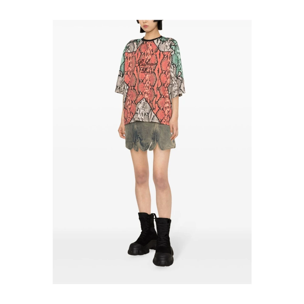 Balmain MultiColour Python Print Geborduurde T-shirts Multicolor Dames