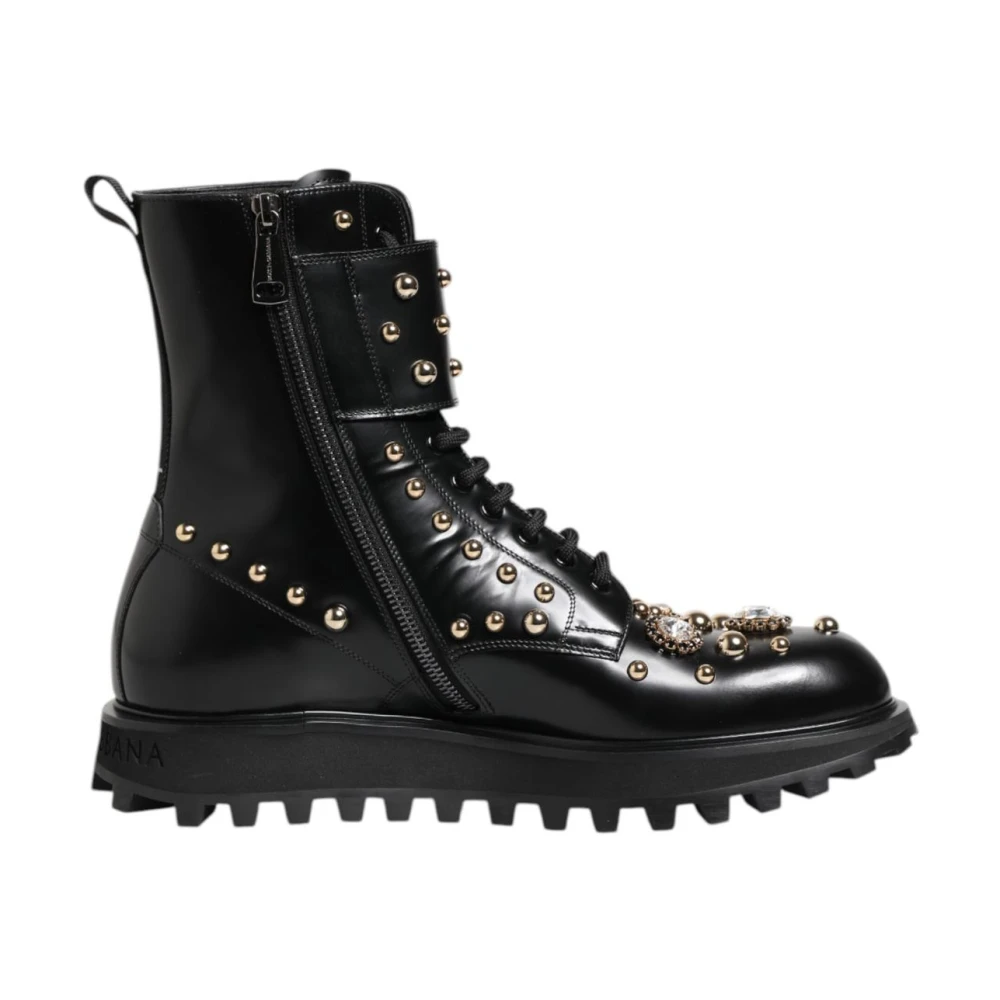 Dolce & Gabbana Men's Black Studded Lace-Up Leather Mid Calf Boots