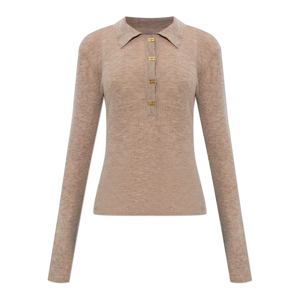 Ganni Vrouw Bruin Truien & Vesten Dames, M, Wol, Geribbelde Polo Top Met Lange Mouwen