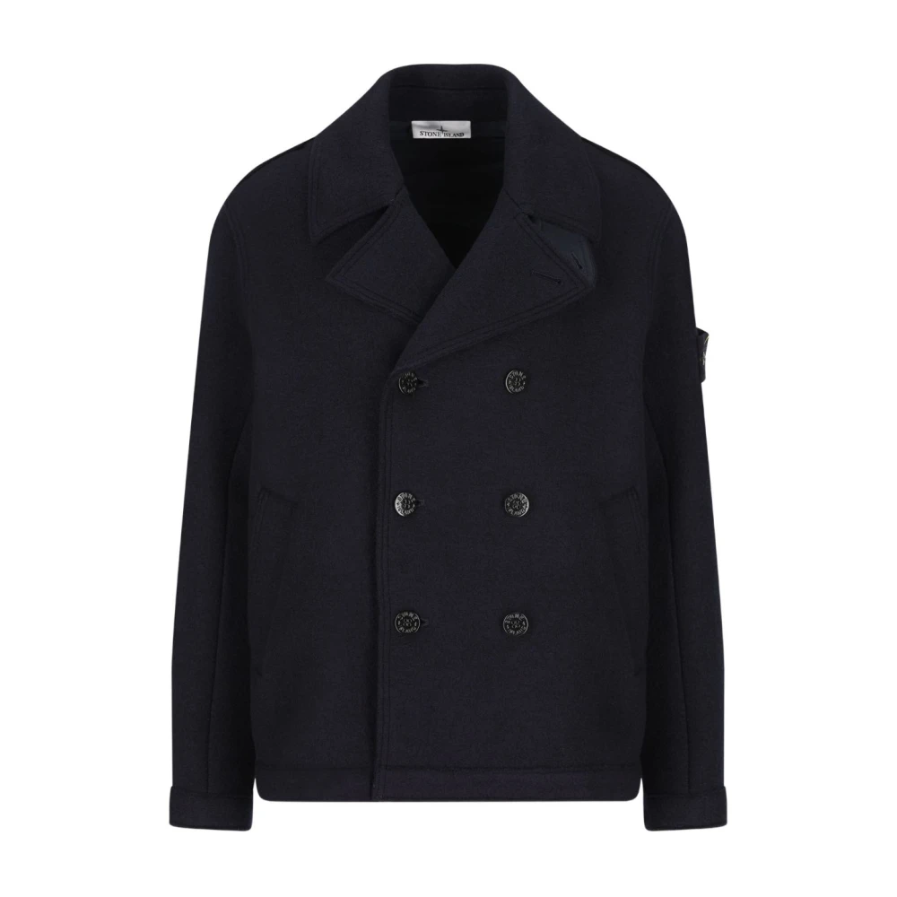 Stone Island Men's Blue Double-Breasted Pea Coat - Double-Breasted Coats - M - Coats