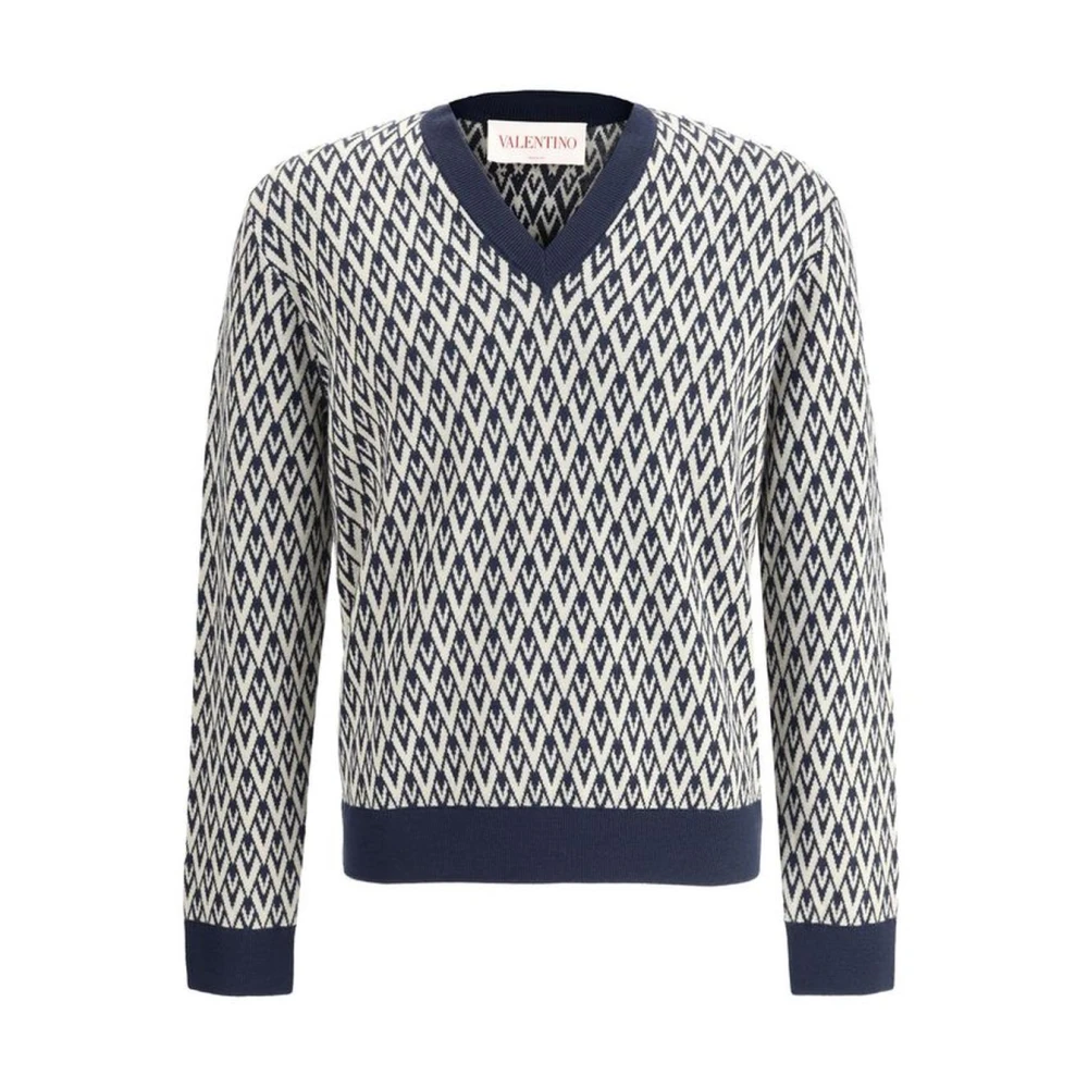 Valentino Iconische V-hals Jacquard Wollen Trui Blue Heren