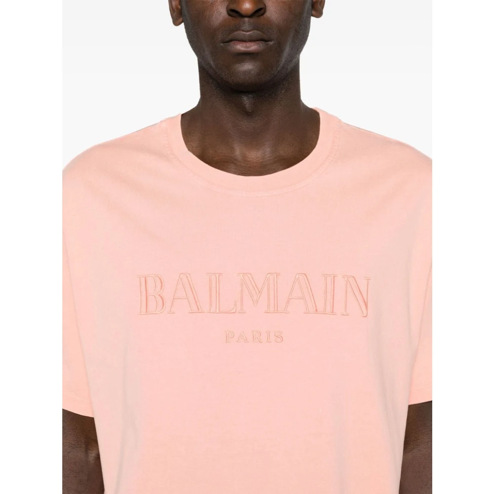 Balmain Zalmroze Logo Geborduurde Jersey Tee Pink Heren