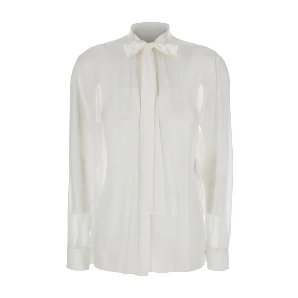 Dolce & Gabbana White Shirts, Female, M, Silk Shirt With Bow Collar