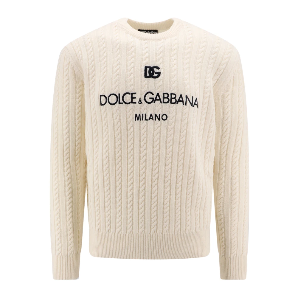 Dolce & Gabbana Gevlochten Wollen Trui met Logo White Heren