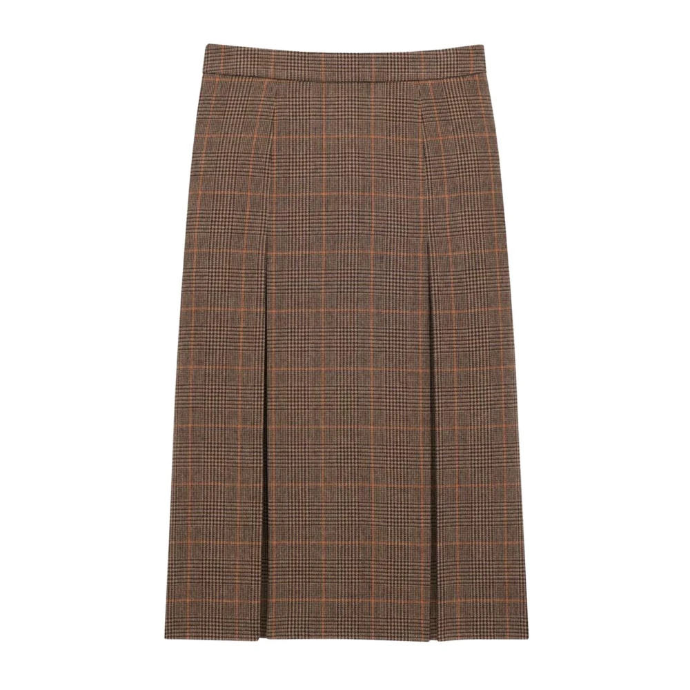 Saint Laurent Women's Brown Midi Skirts, M, Midi Skirt In Prince Of Wales Wool And Cashmere