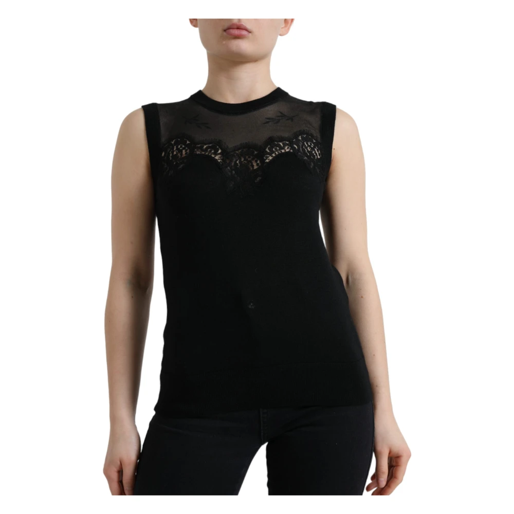 Dolce & Gabbana Women's Black Sleeveless Tops, Xs, Elegant Lace Trim Sleeveless Tank Top