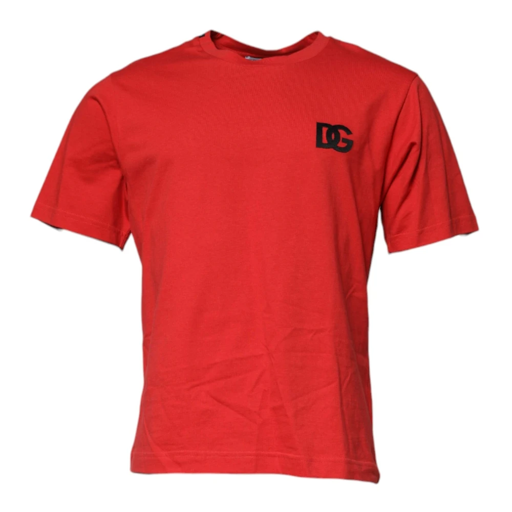 Dolce & Gabbana Men's Red Logo Patch Cotton Crew Neck T-Shirt - T-Shirts - S - Tops