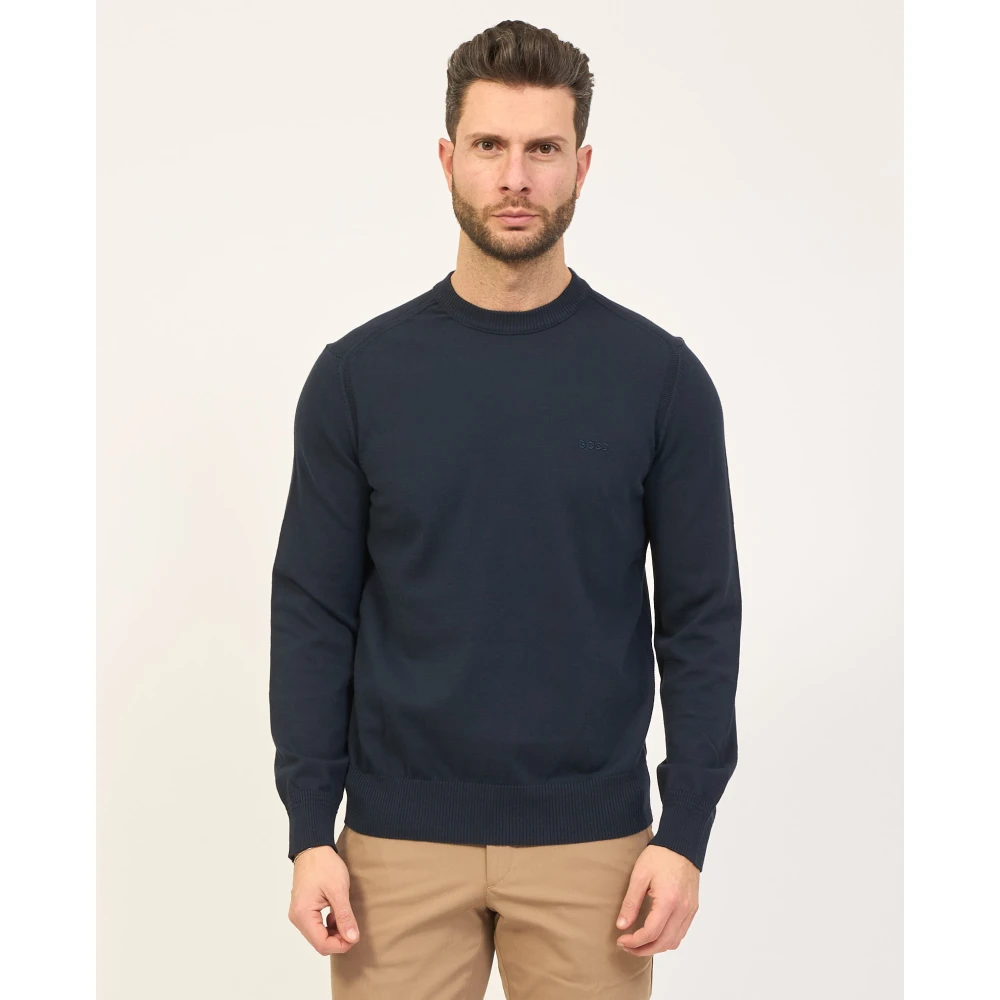 Boss Blauwe Sweater Regular Fit Geborduurd Logo Blue Heren