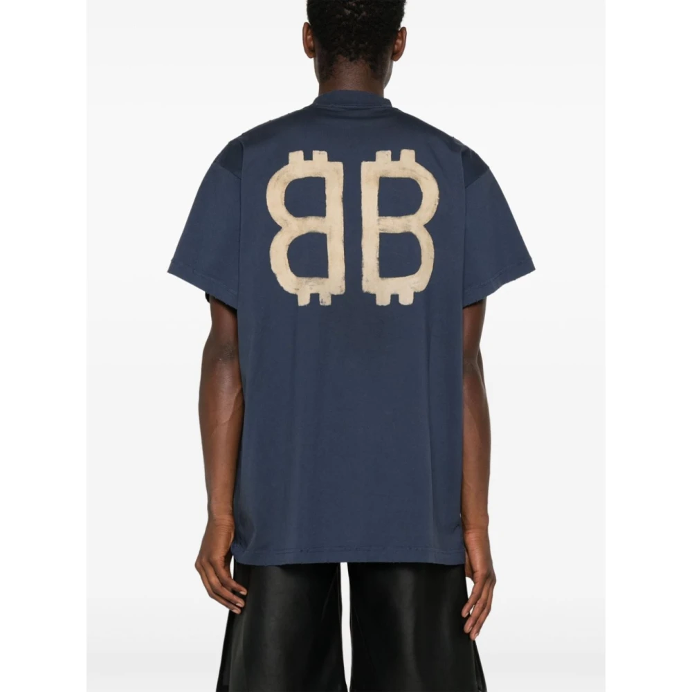 Balenciaga Marino Washed Logo Beige T-shirt Blue Heren
