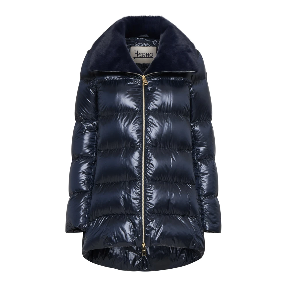 Herno Blauwe Gewatteerde Donsjas met Nepbont Kraag Blue Dames