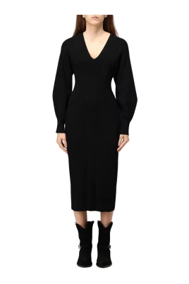 Elegant Svart Ribbstickad Midi Klänning