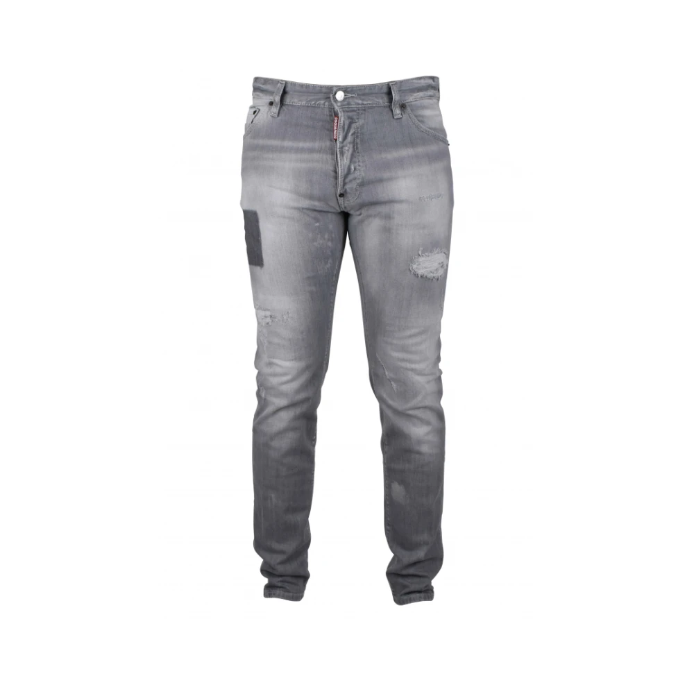 Dsquared2 Grijze jeans met versleten effect en rood logo embleem Gray Heren