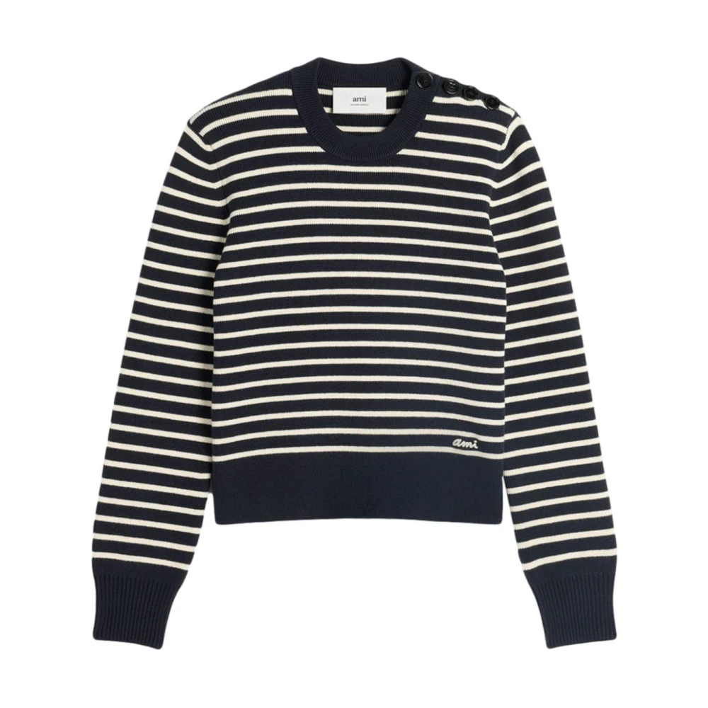 Ami Paris Blauwe Gestreepte Trui met Knoopdetails Blue Heren